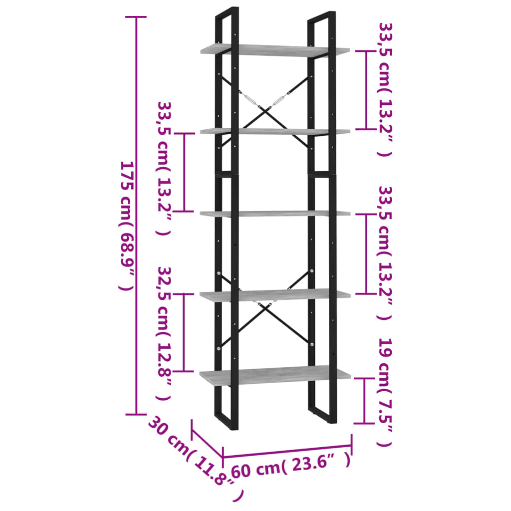 Bookcase, 5 shelves, concrete, 60x30x175cm, wood