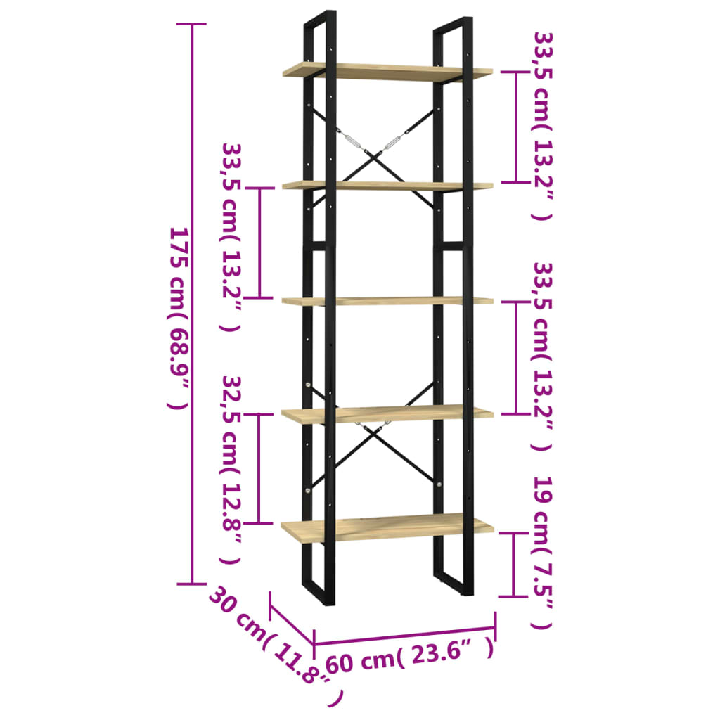 Bookcase, 5 shelves, 60x30x175cm, solid pine