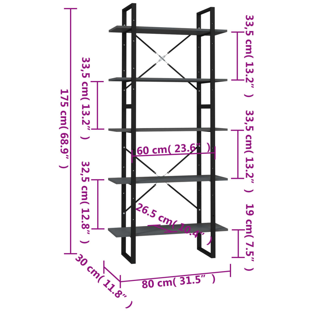Bookcase, 5 shelves, grey, 80x30x175cm, wood