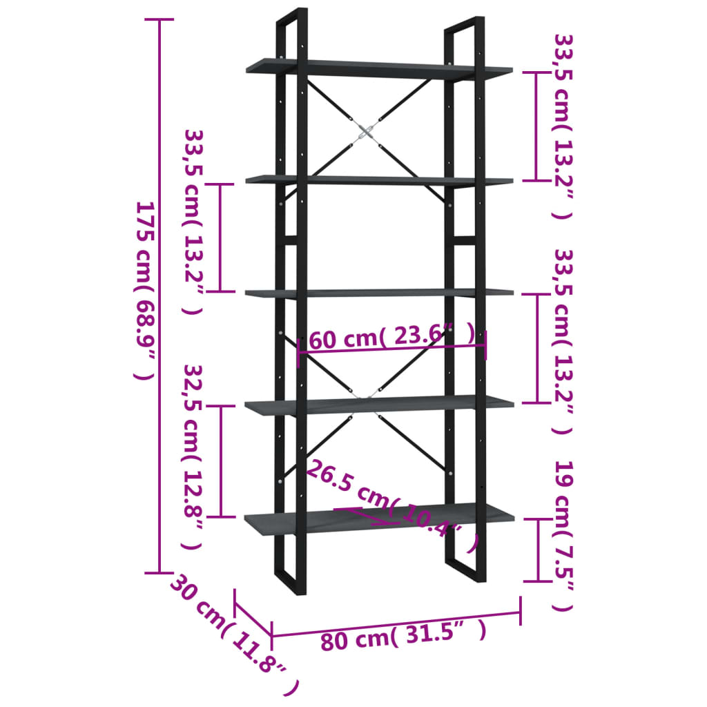 Bookcase, 5 shelves, grey, 80x30x175cm, pine