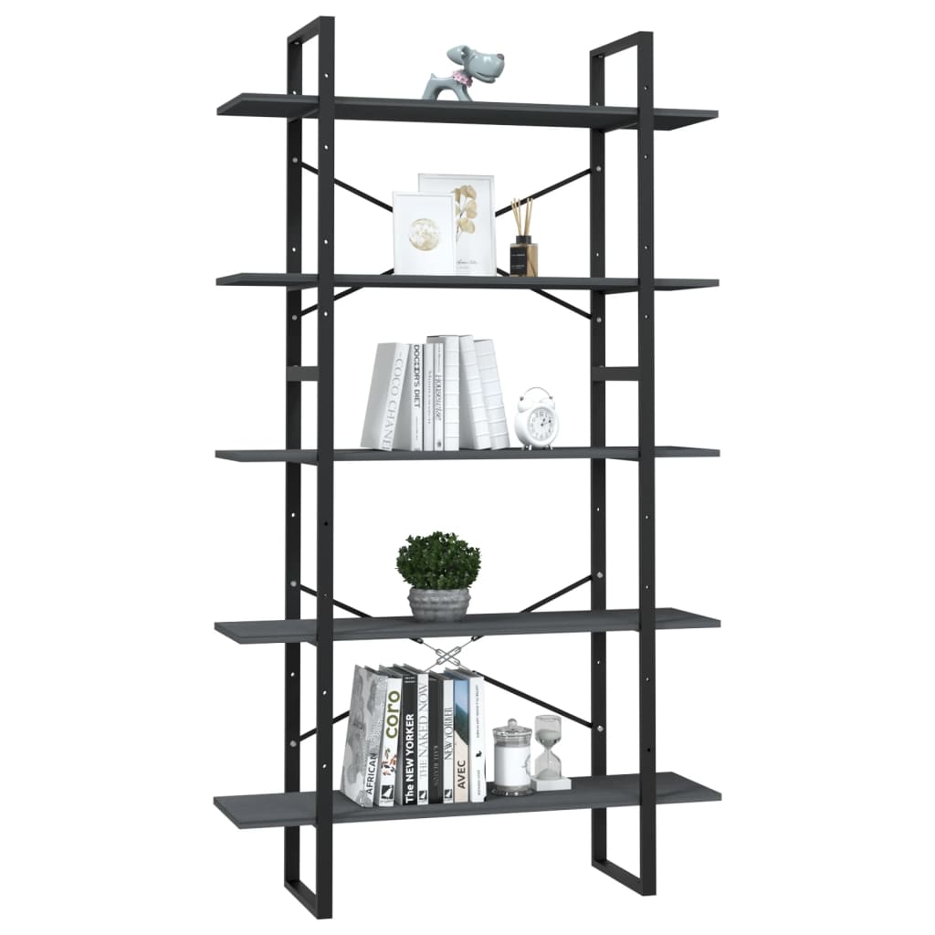 Bookshelf, 5 shelves, grey, 100x30x175cm, pine