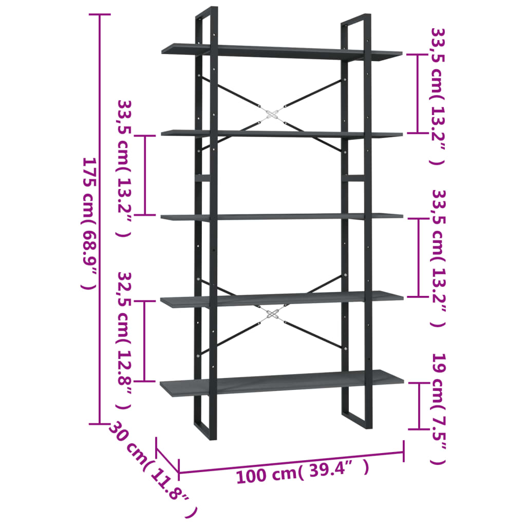 Bookshelf, 5 shelves, grey, 100x30x175cm, pine