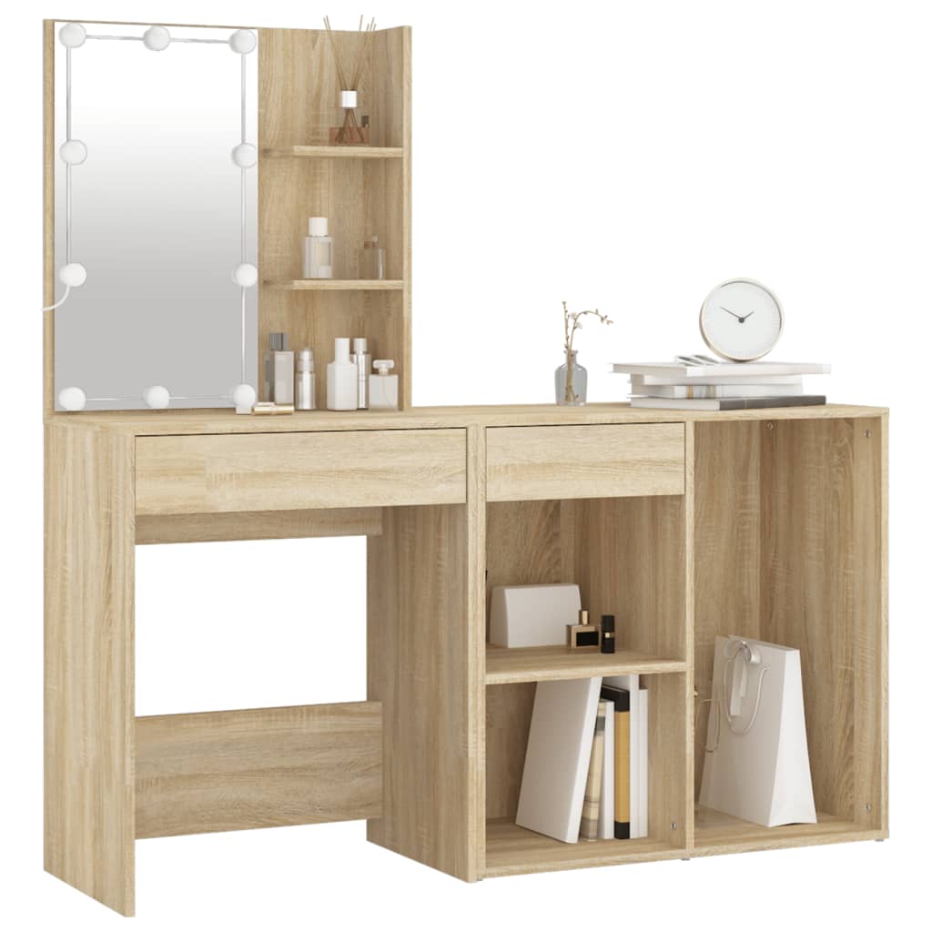 Cosmetic table with LED and cabinet, oak, wood