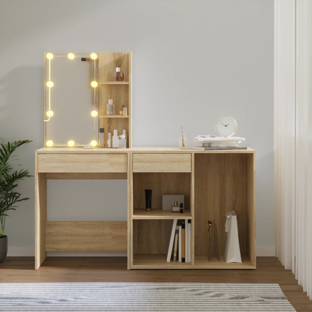 Cosmetic table with LED and cabinet, oak, wood
