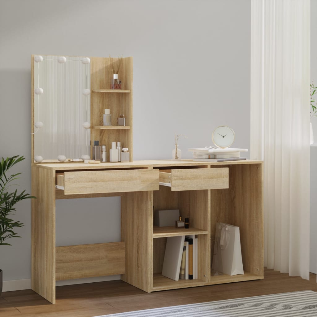 Cosmetic table with LED and cabinet, oak, wood