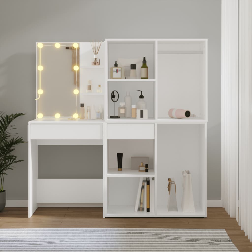 Cosmetic table with LED and 2 cabinets, white, wood
