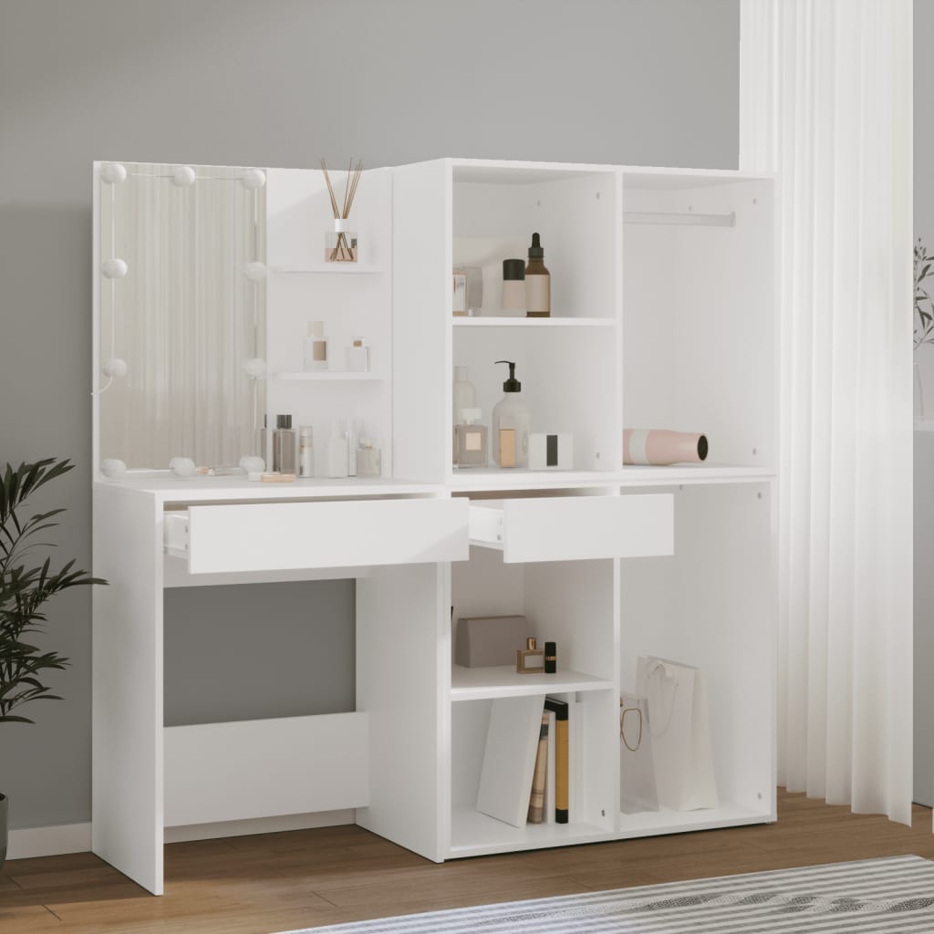 Cosmetic table with LED and 2 cabinets, white, wood