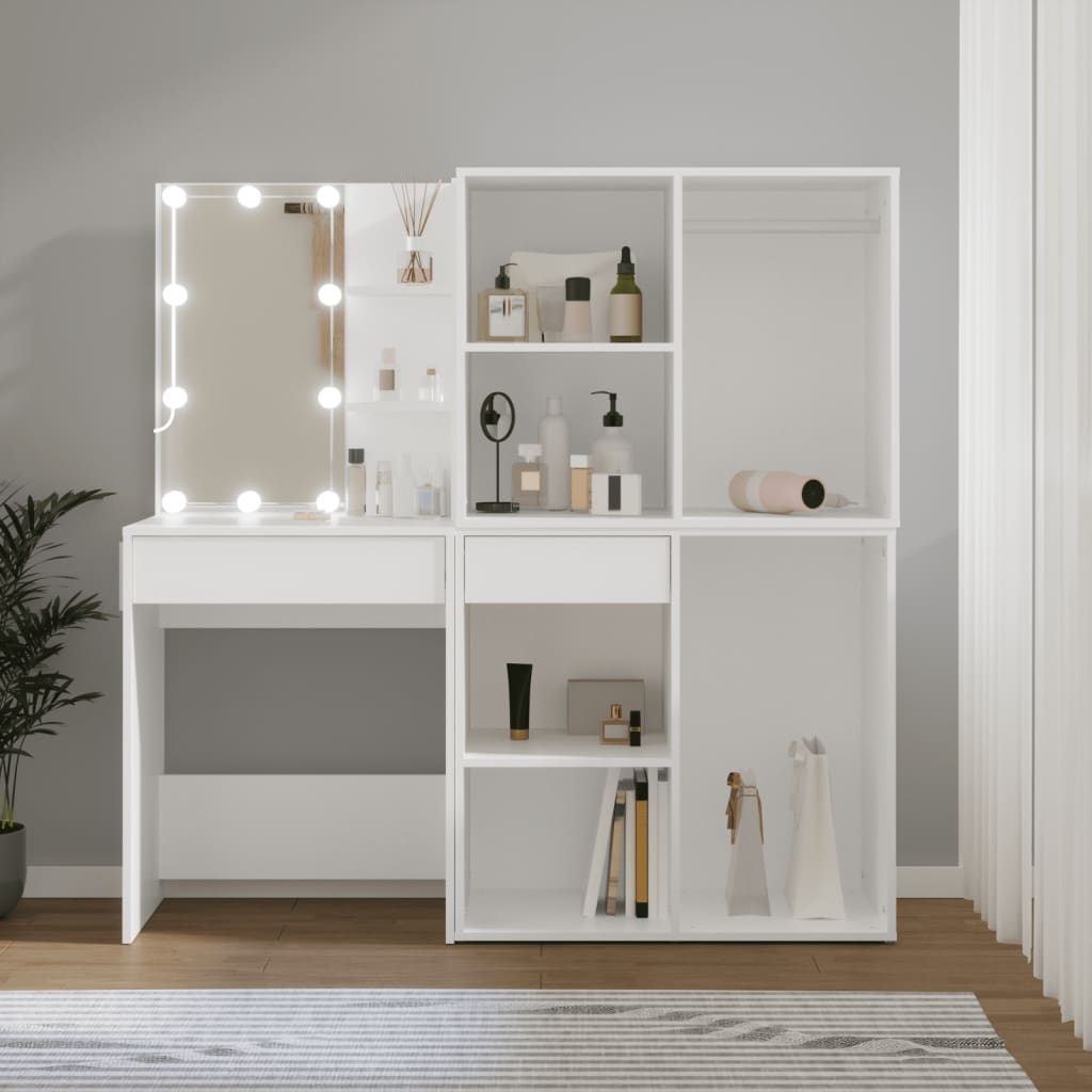 Cosmetic table with LED and 2 cabinets, white, wood