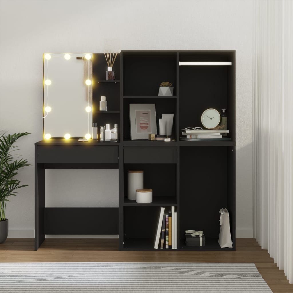 Kosmētikas galdiņš ar LED/skapīšiem, melns, koks