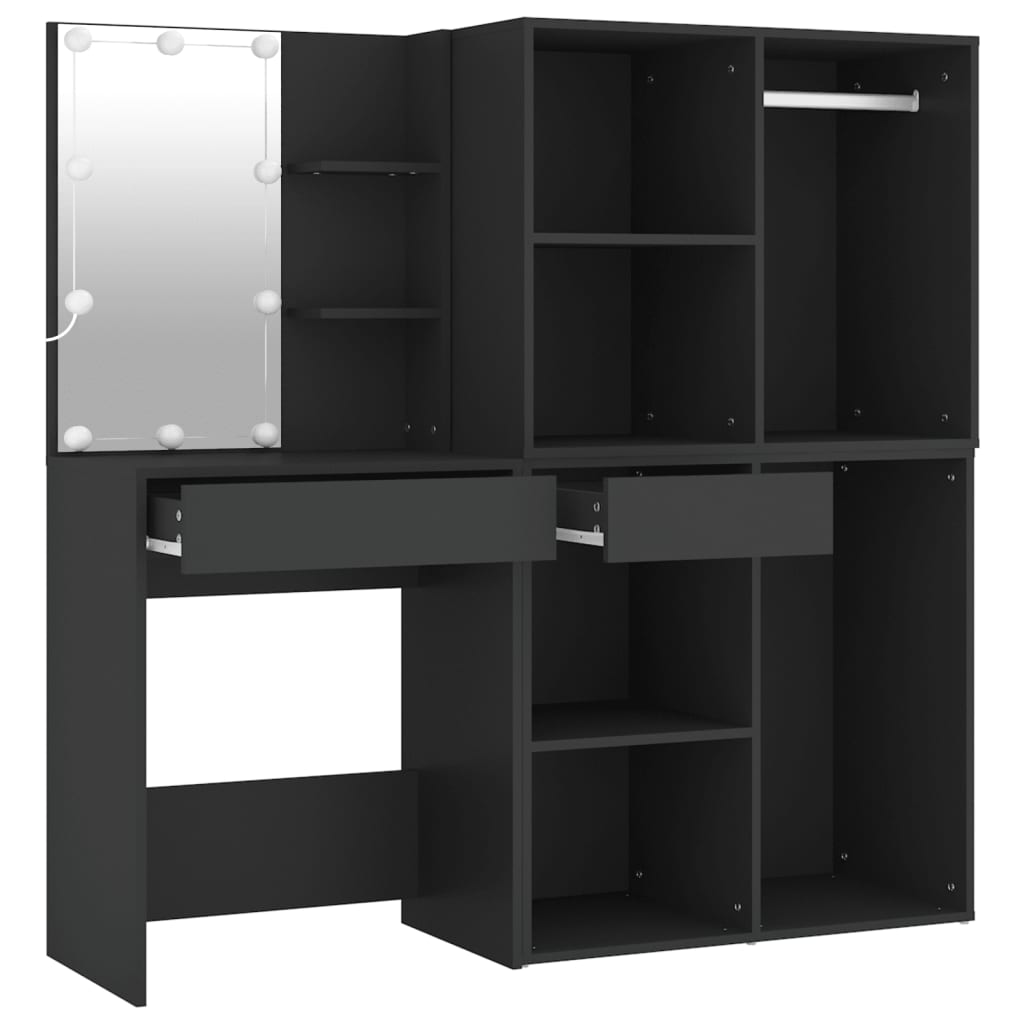 Kosmētikas galdiņš ar LED/skapīšiem, melns, koks