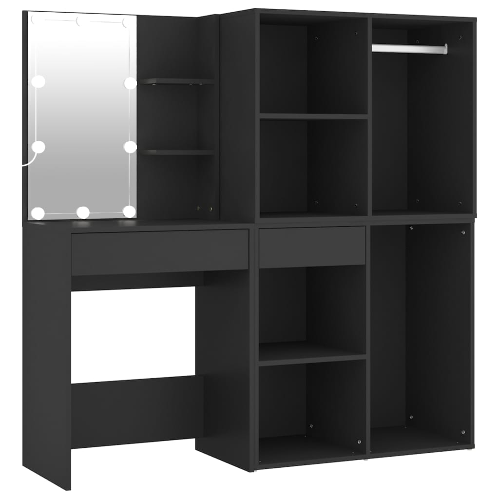 Kosmētikas galdiņš ar LED/skapīšiem, melns, koks