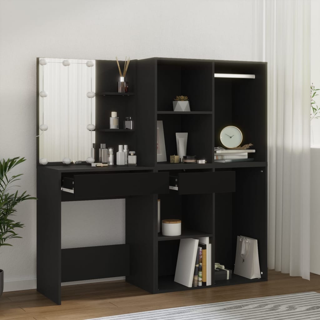 Kosmētikas galdiņš ar LED/skapīšiem, melns, koks