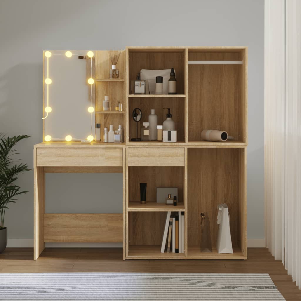 Kosmētikas galdiņš ar LED un 2 skapīšiem, ozola, koks