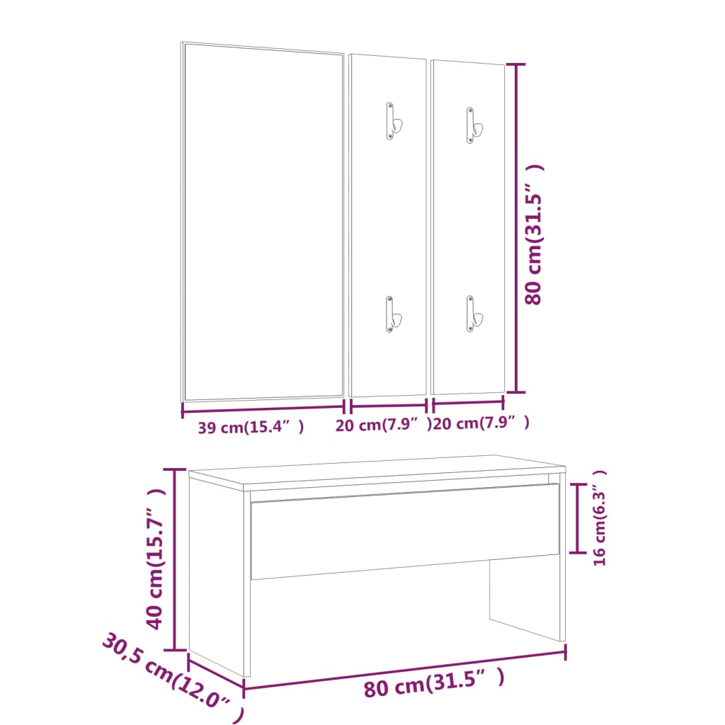 Hallway furniture set, white, engineered wood, high gloss