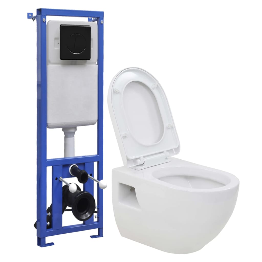 Wall-hung toilet with concealed high cistern, ceramic
