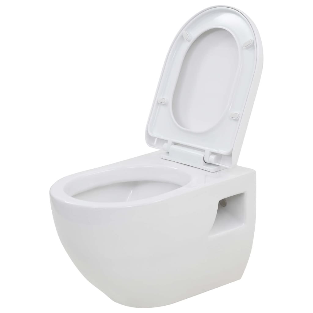 Wall-hung toilet with concealed high cistern, ceramic