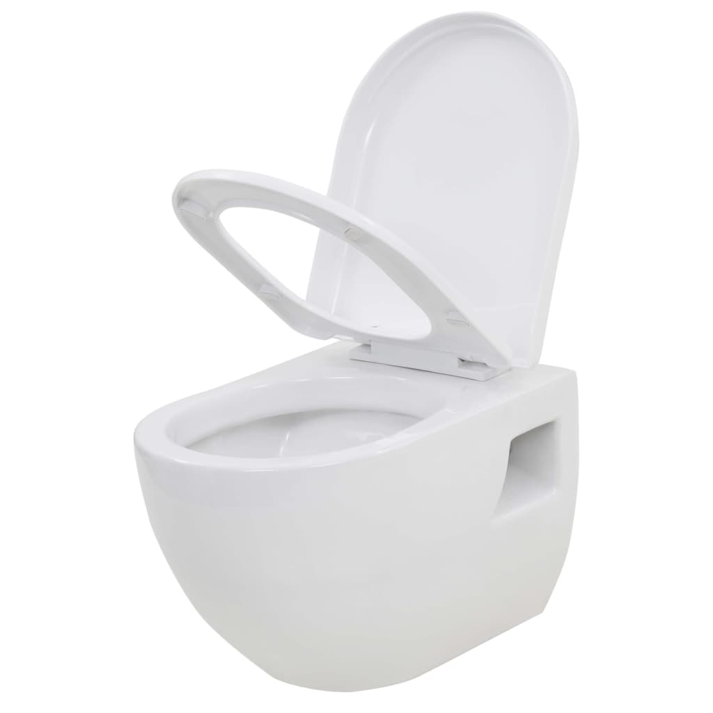 Wall-hung toilet with concealed high cistern, ceramic