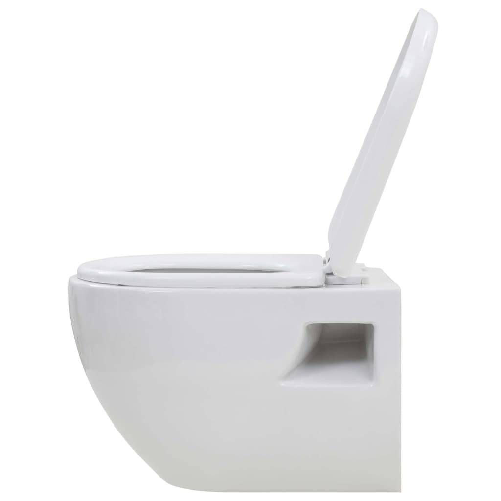 Wall-hung toilet with concealed high cistern, ceramic