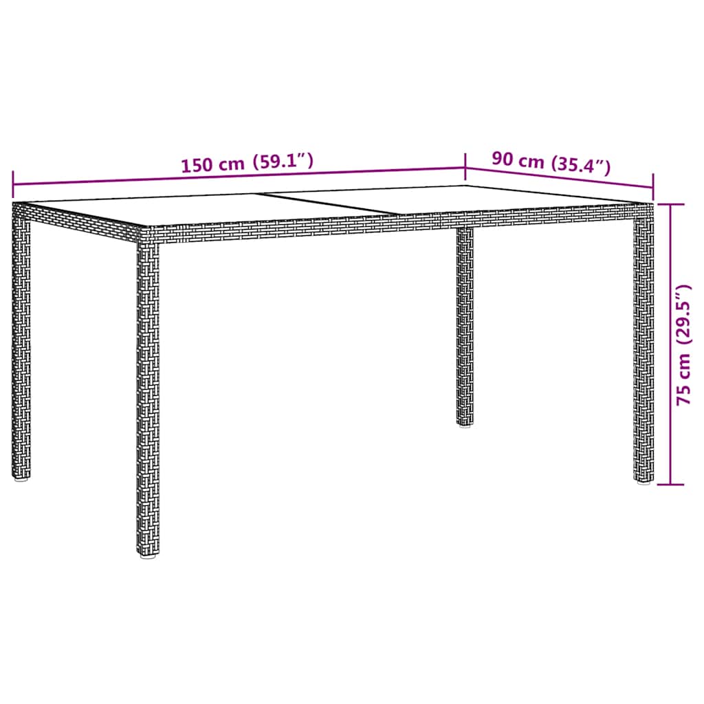Sodo stalas, rudas, 150x90x75cm, grūdintas stiklas/poliratanas