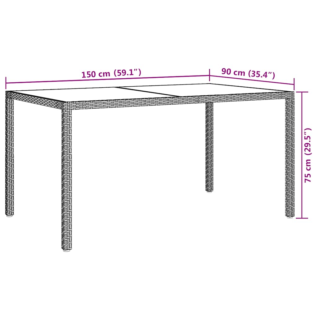 Garden table, white, 150x90x75cm, tempered glass/poly rattan