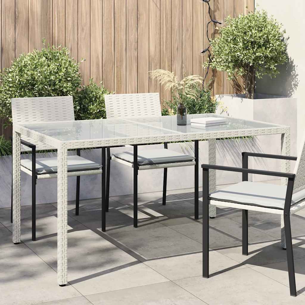 Garden table, white, 150x90x75cm, tempered glass/poly rattan