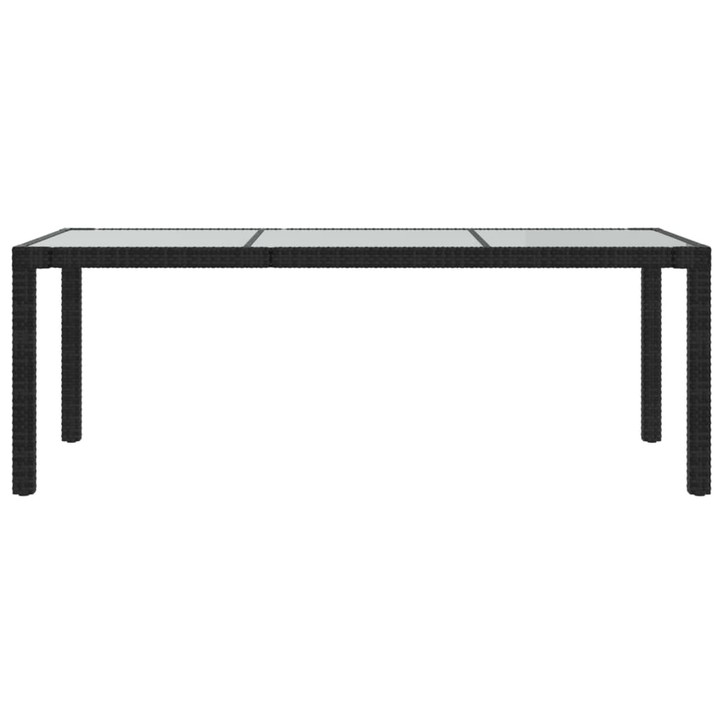 Garden table, black, 190x90x75cm, tempered glass/poly rattan