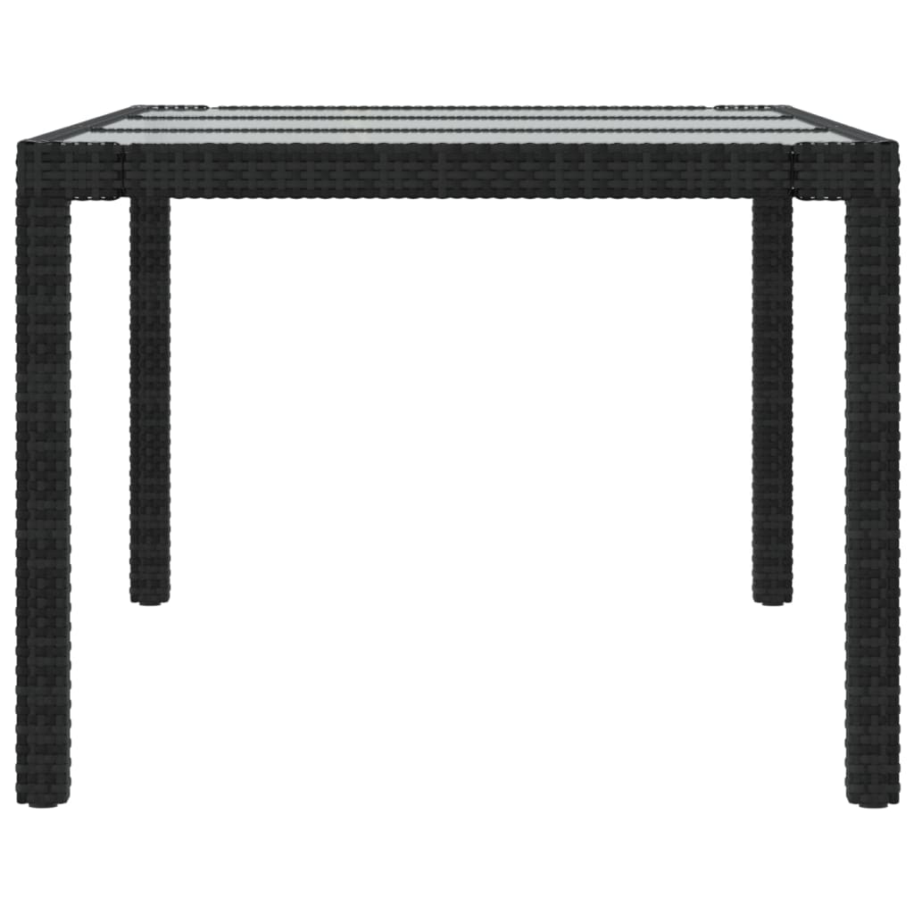 Garden table, black, 190x90x75cm, tempered glass/poly rattan