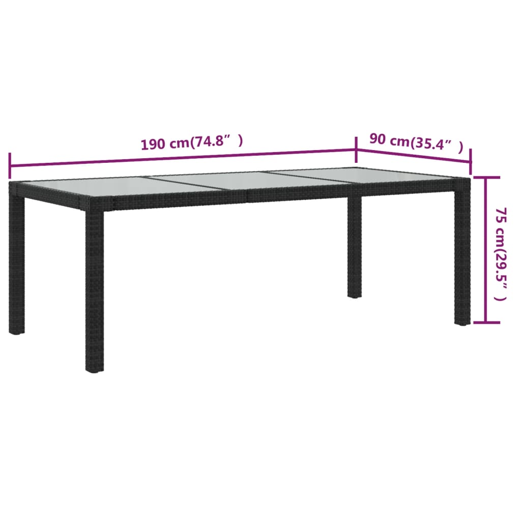 Garden table, black, 190x90x75cm, tempered glass/poly rattan