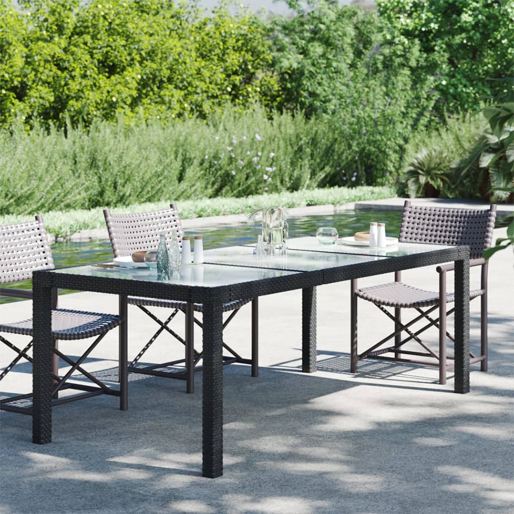 Garden table, black, 190x90x75cm, tempered glass/poly rattan