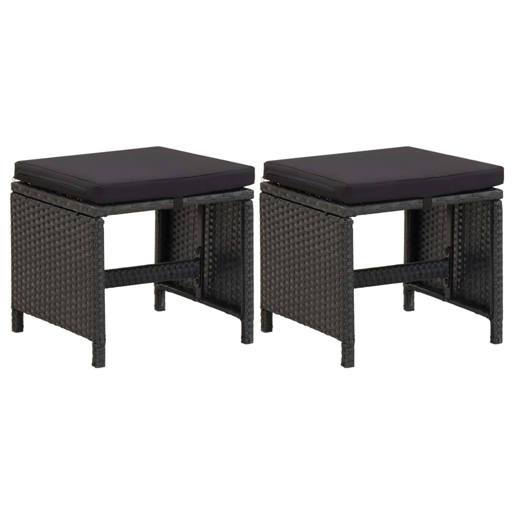 Garden stools with cushions, 2 pcs., black, poly rattan
