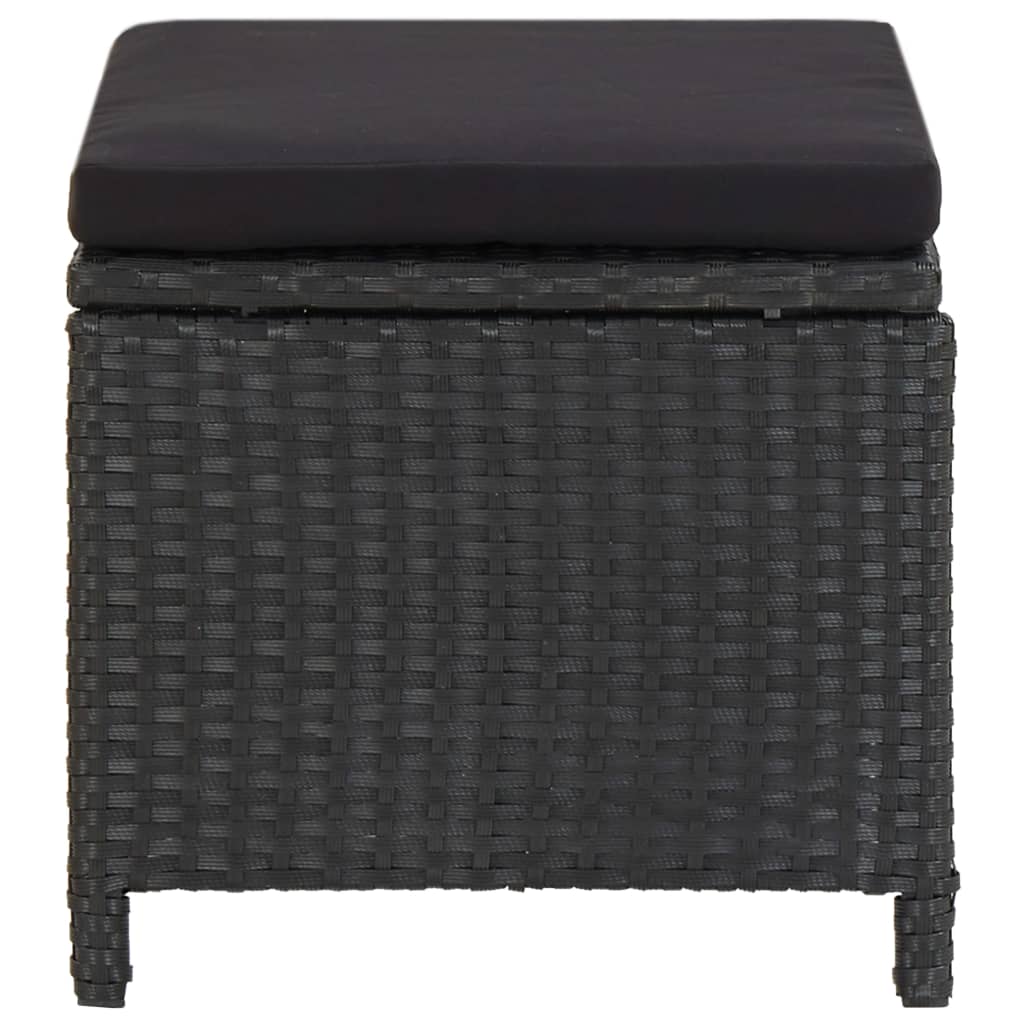 Garden stools with cushions, 2 pcs., black, poly rattan