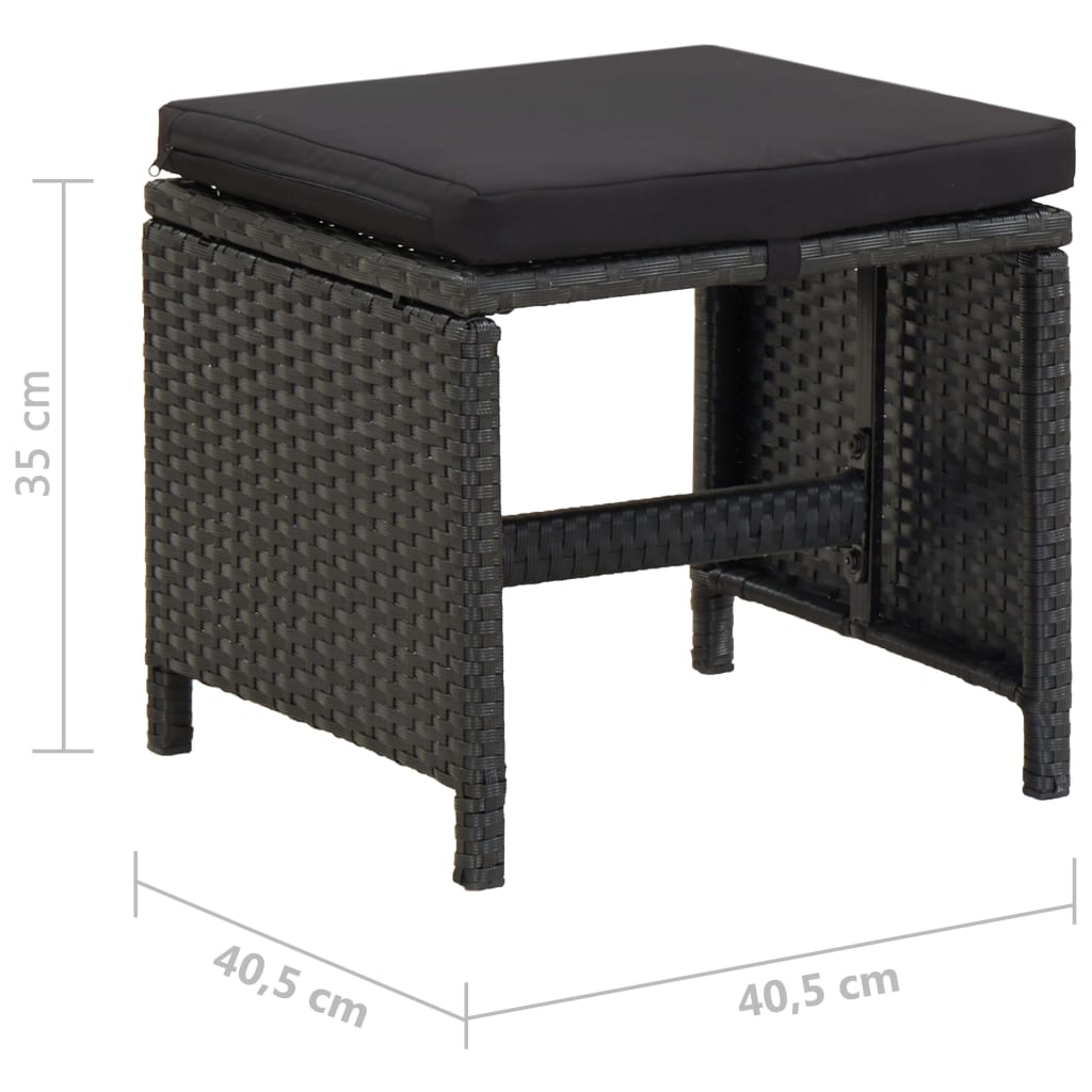 Garden stools with cushions, 2 pcs., black, poly rattan