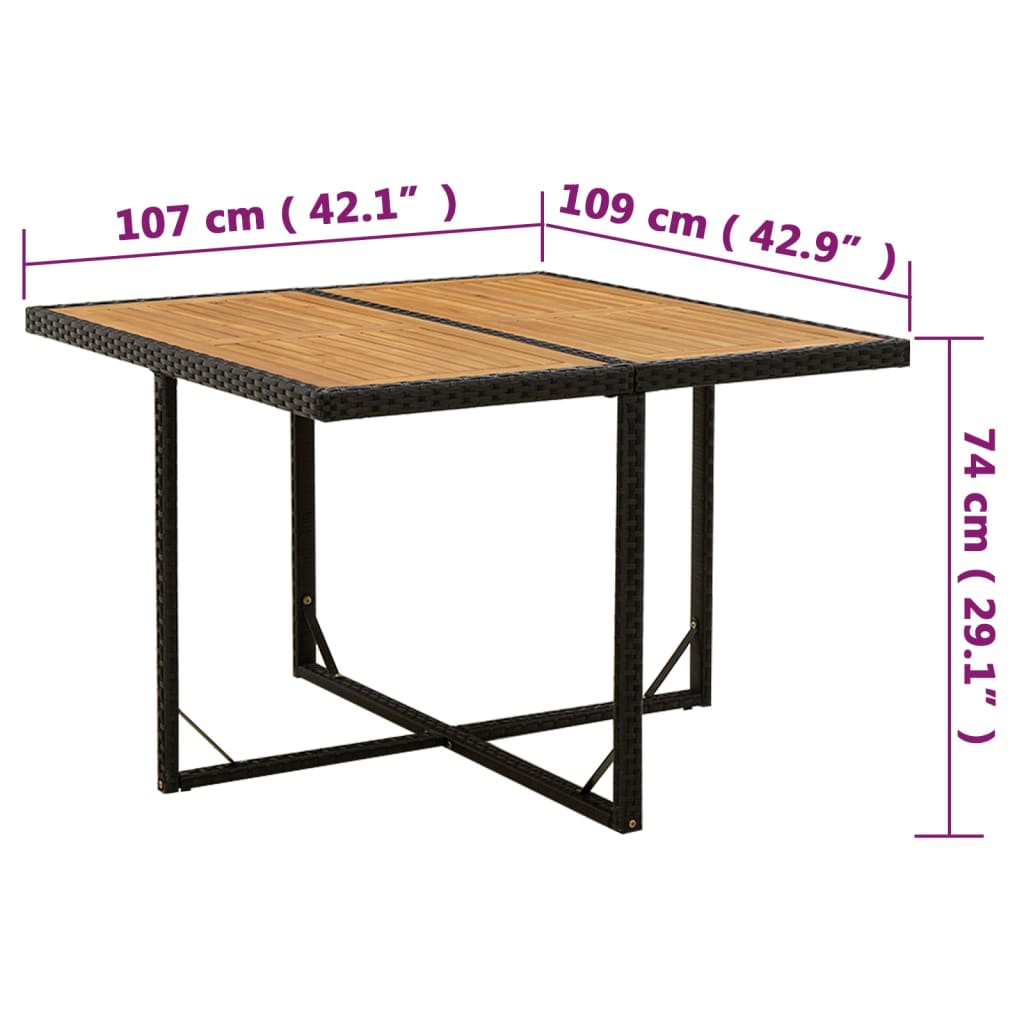 Garden table, black, 109x107x74cm, poly rattan and acacia
