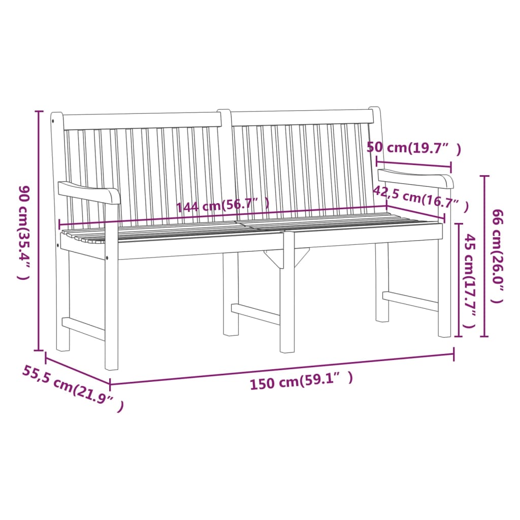 Garden bench, 150cm, solid acacia wood