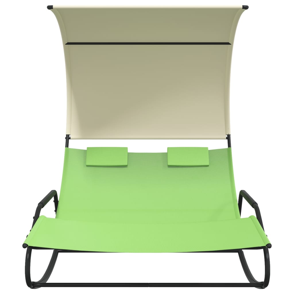 Two-person rocking sun lounger with canopy, green and cream