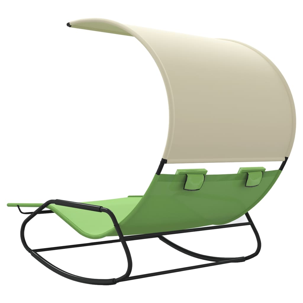 Two-person rocking sun lounger with canopy, green and cream