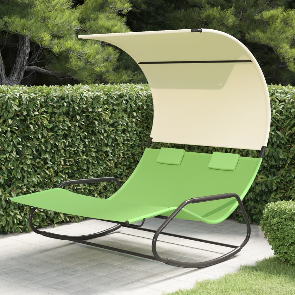 Two-person rocking sun lounger with canopy, green and cream
