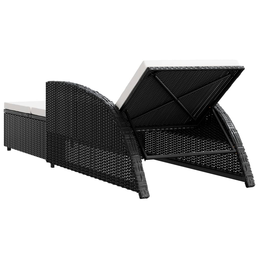 Sun lounger with cream white mattress, black, polyrattan