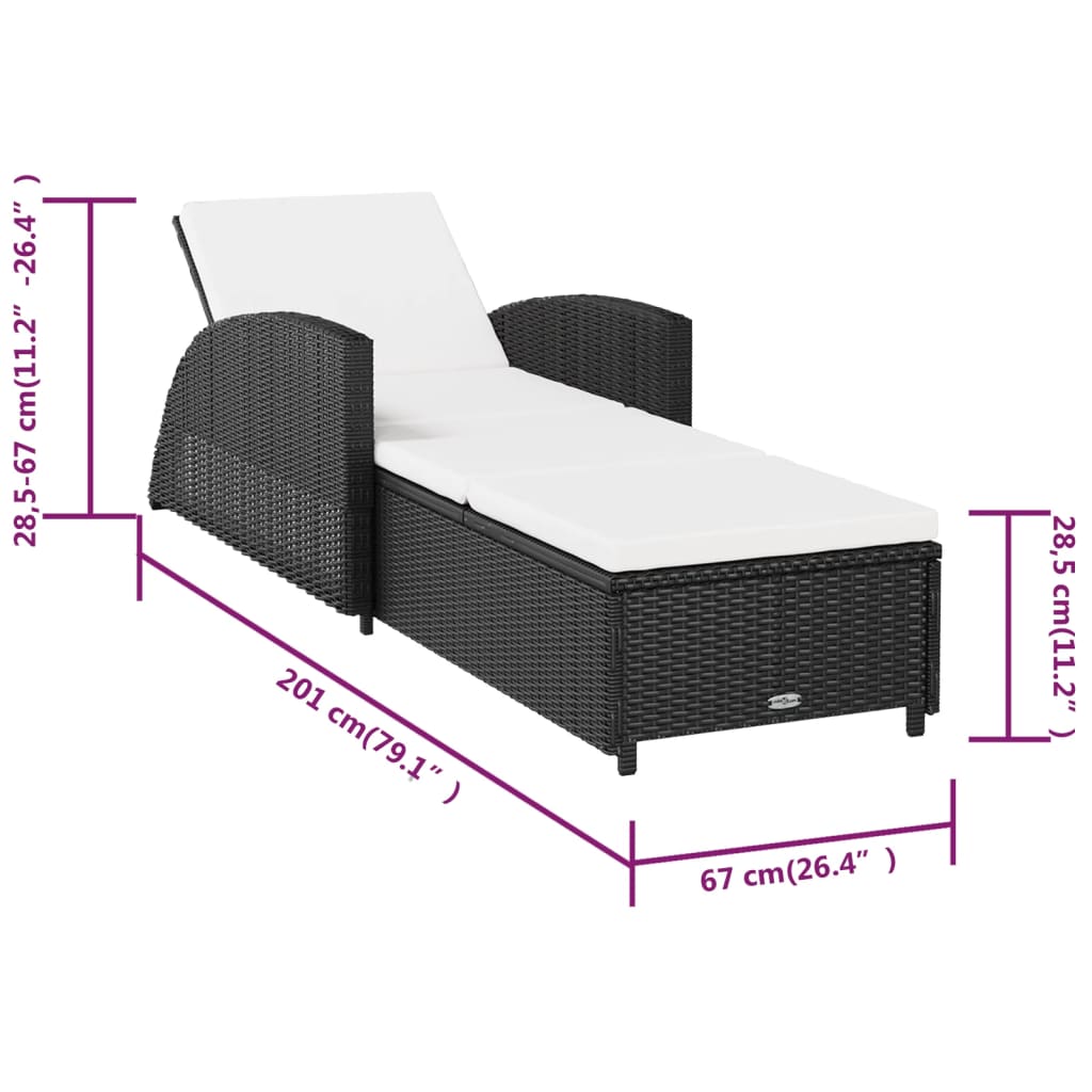 Sun lounger with cream white mattress, black, polyrattan