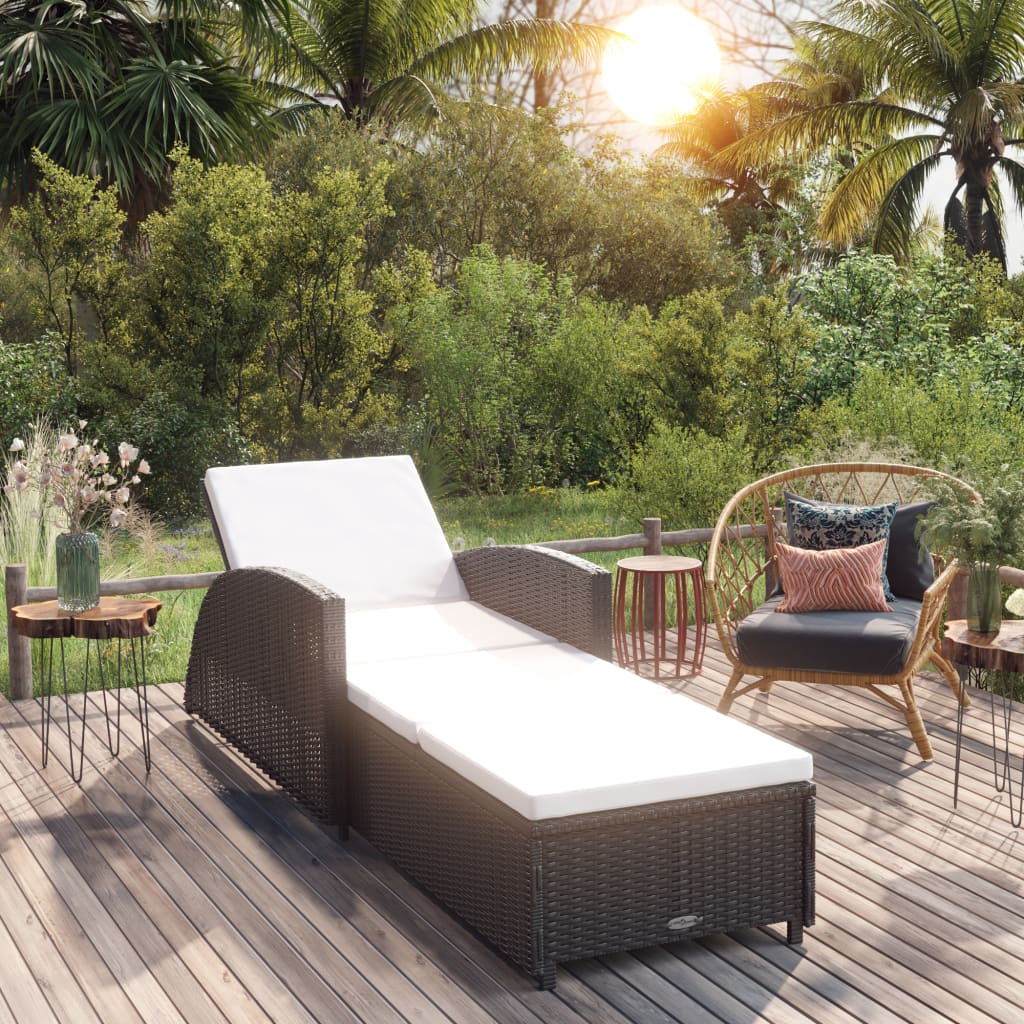 Sun lounger with cream white mattress, black, polyrattan