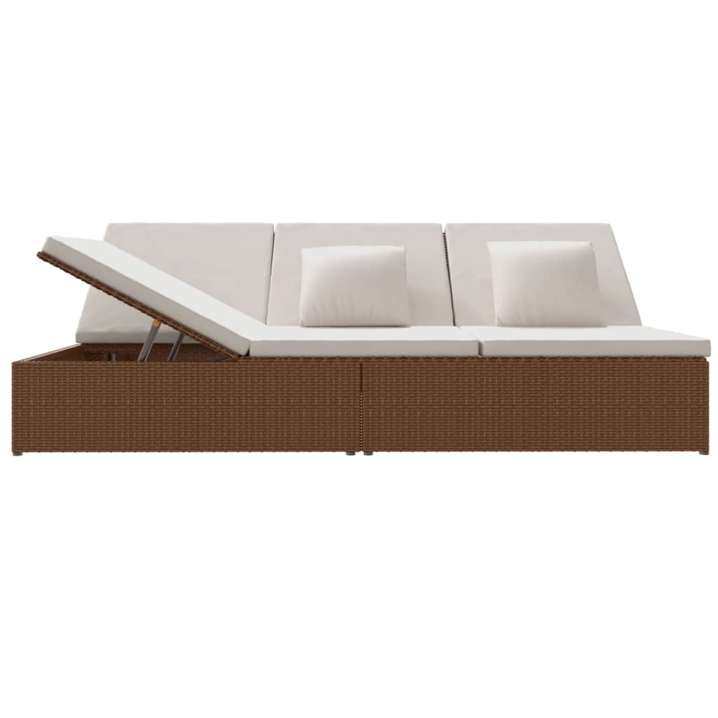 Adjustable sun lounger with cushions, brown, poly rattan
