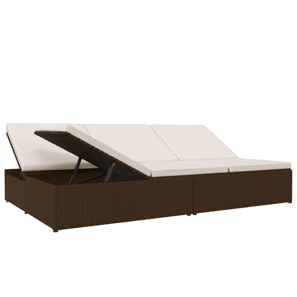 Adjustable sun lounger with cushions, brown, poly rattan