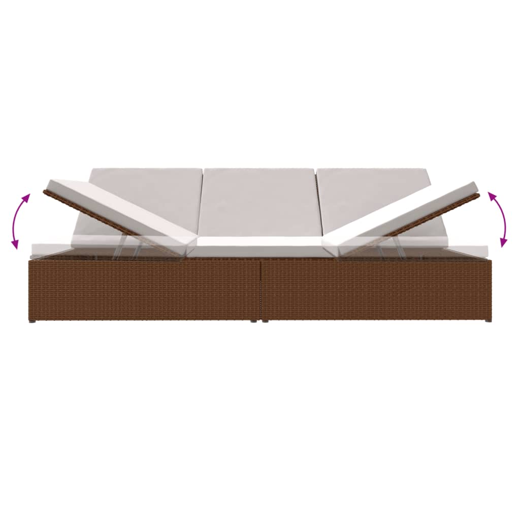 Adjustable sun lounger with cushions, brown, poly rattan