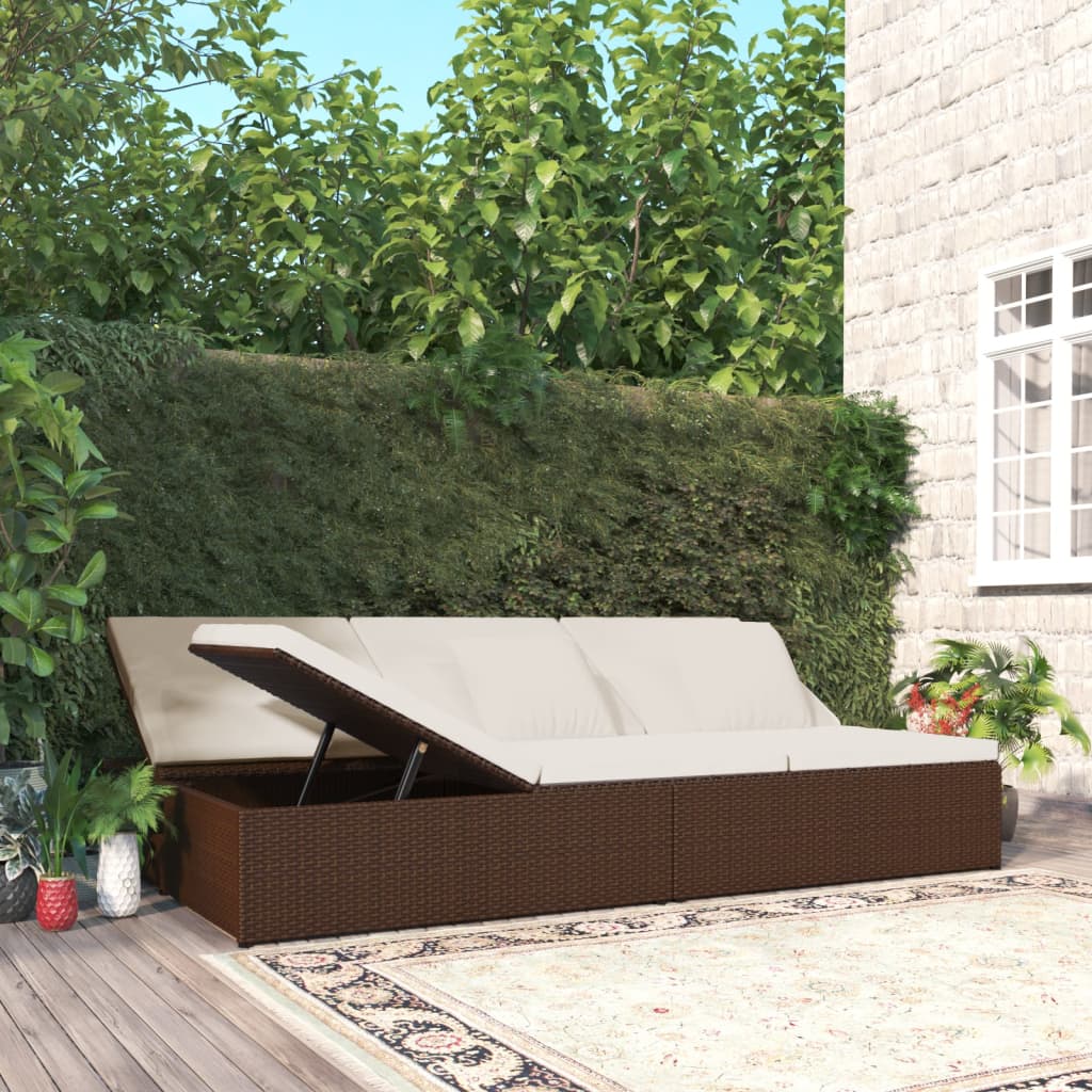 Adjustable sun lounger with cushions, brown, poly rattan