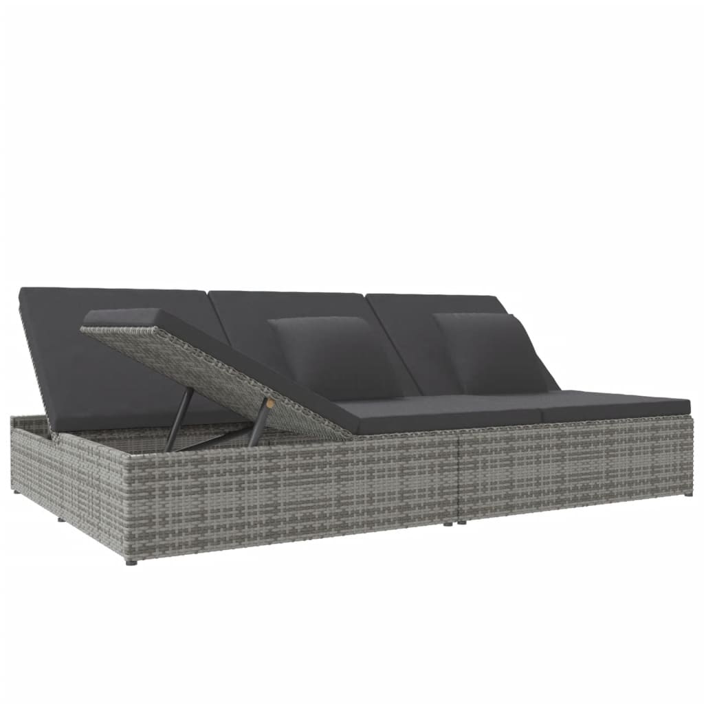 Adjustable sun lounger with cushions, grey, polyrattan