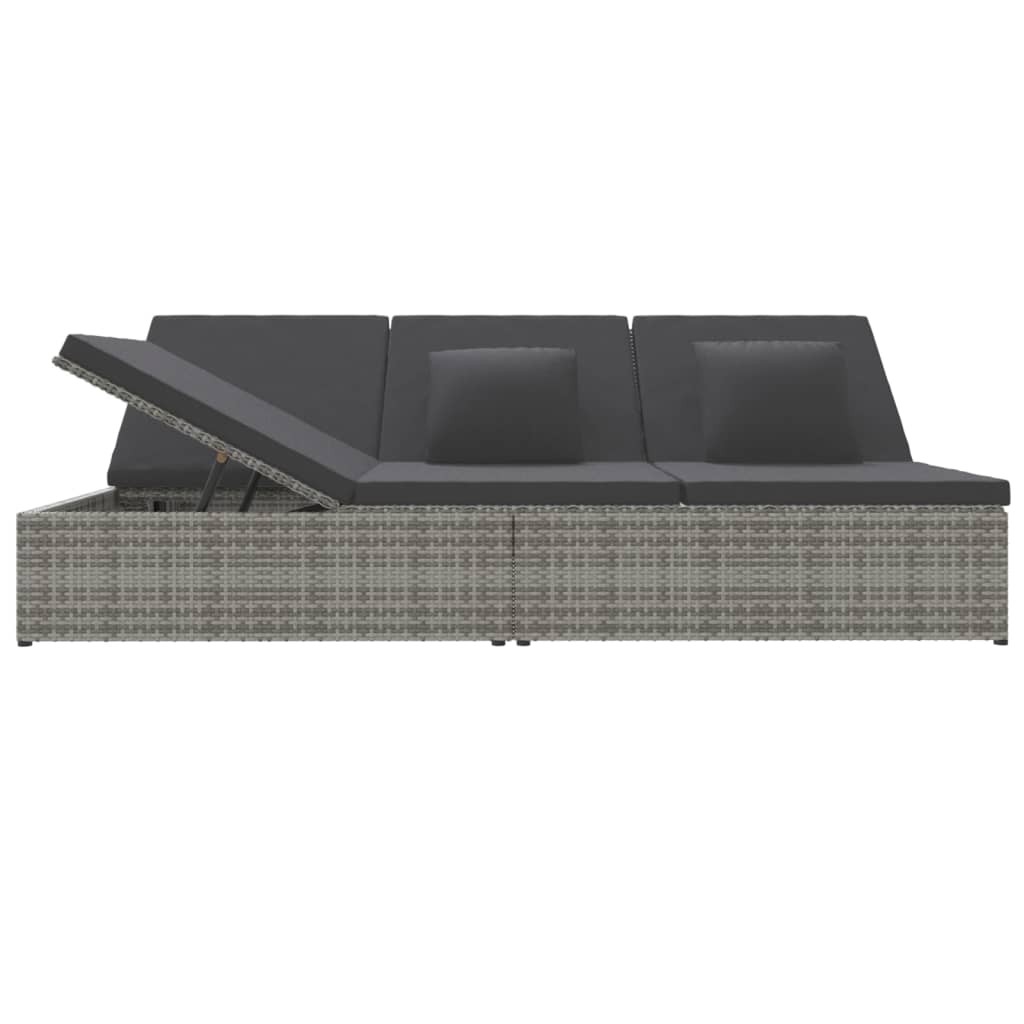 Adjustable sun lounger with cushions, grey, polyrattan