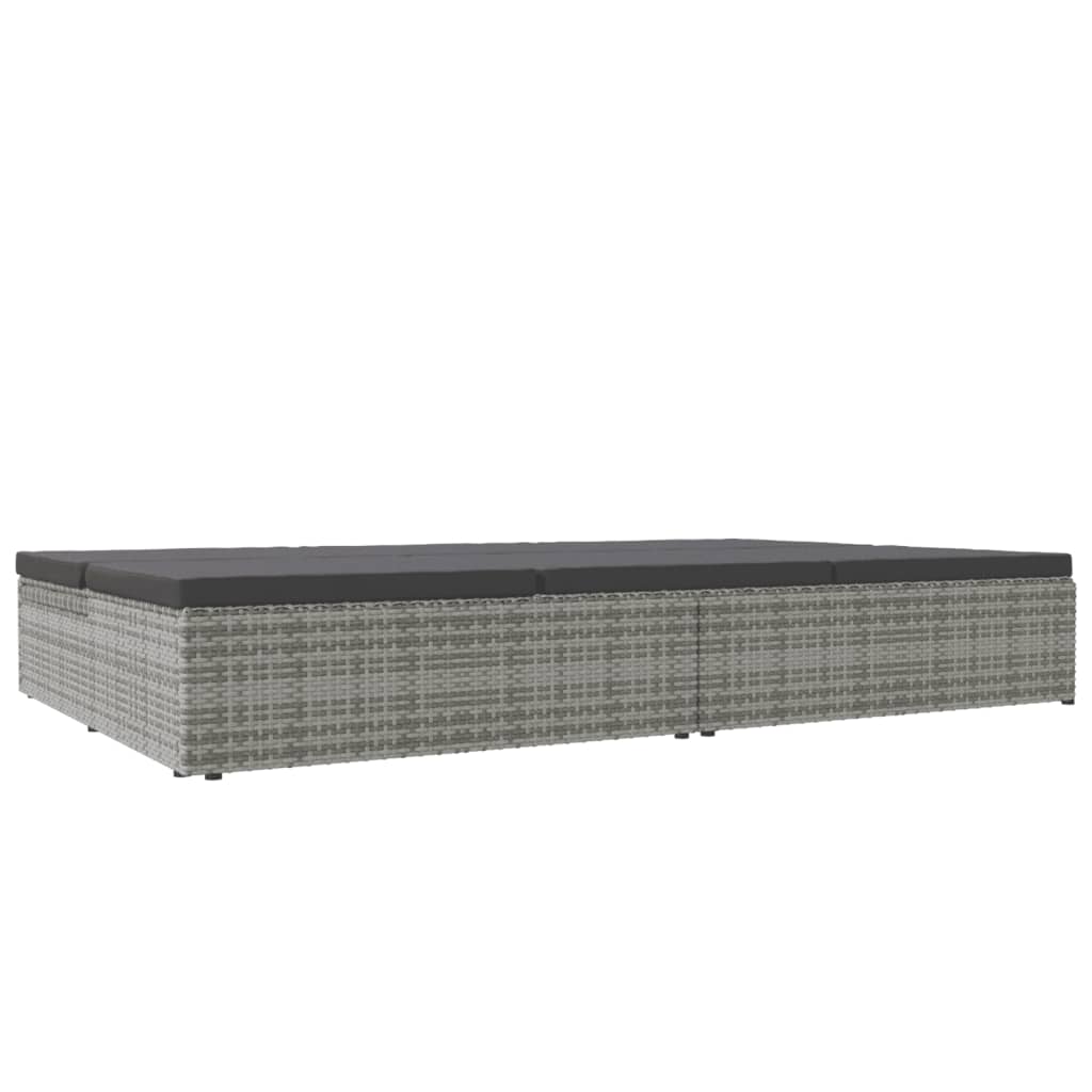 Adjustable sun lounger with cushions, grey, polyrattan