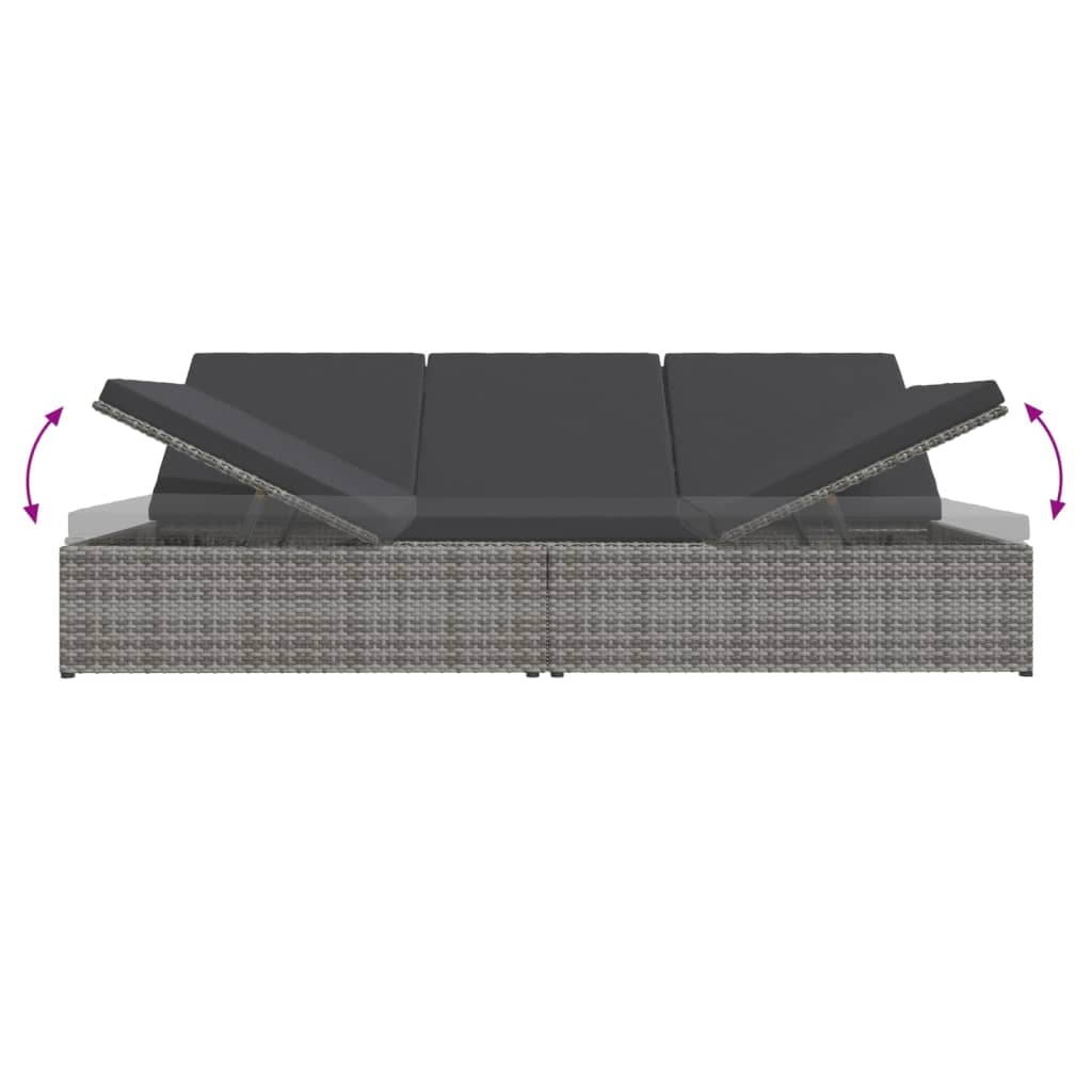 Adjustable sun lounger with cushions, grey, polyrattan