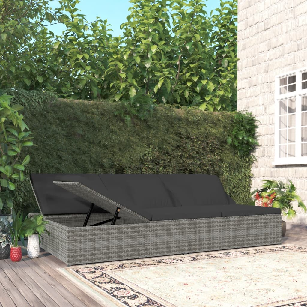 Adjustable sun lounger with cushions, grey, polyrattan