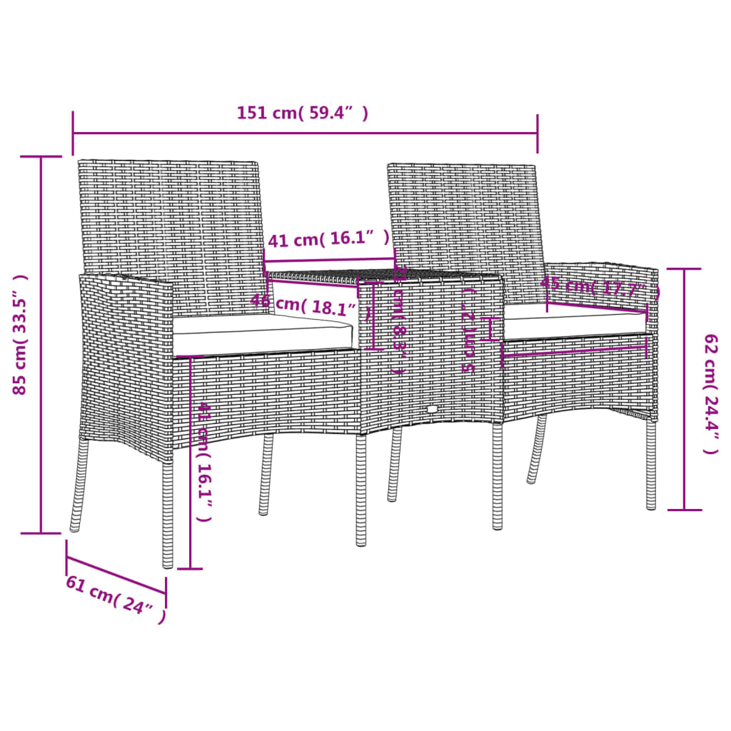 Two-seater garden sofa with tea table, anthracite, poly rattan